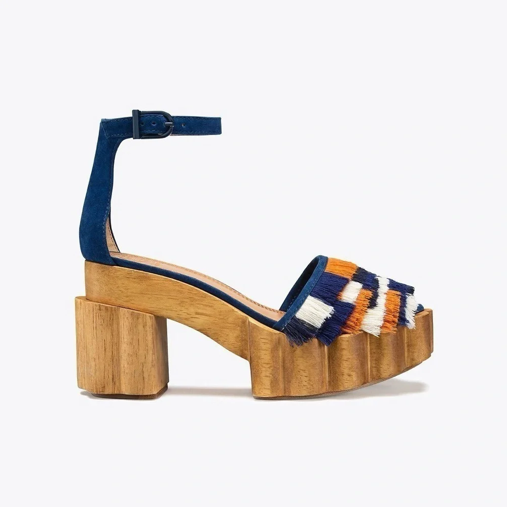 Tory Burch Alma Platform Sandals Heels Size 7 Fringe Suede Wooden Block Heel